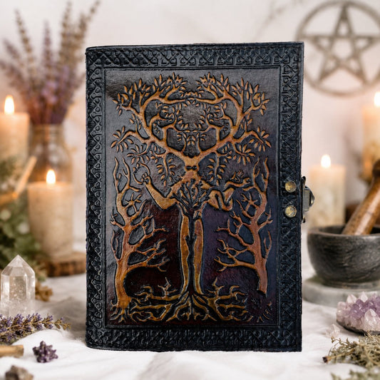 Tree of Life Leather Journal – Vintage Handmade Wiccan Grimoire Deckle Art Pages – leather journal, front cover view
