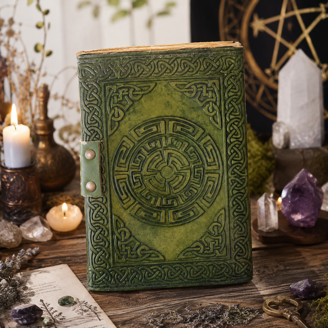 Tree of life leather journal with brass lock – handmade witch grimoire notebook, deckle pages, view 3