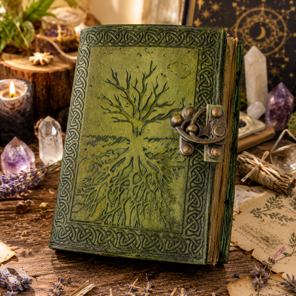 Tree of life leather journal with brass lock – handmade witch grimoire notebook, deckle pages, view 4