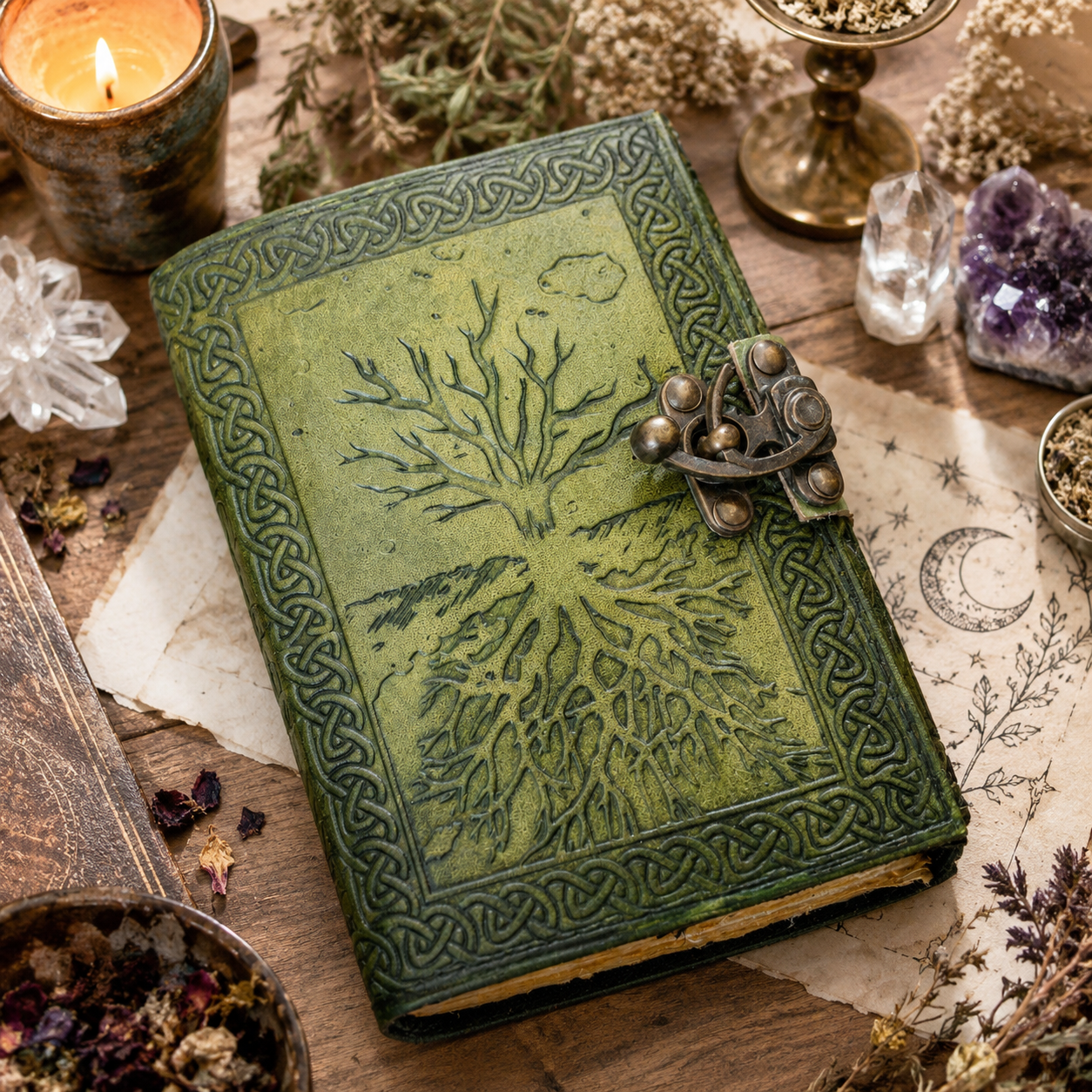 Tree of life leather journal with brass lock – handmade witch grimoire notebook, deckle pages, view 1