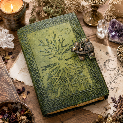 Tree of life leather journal with brass lock – handmade witch grimoire notebook, deckle pages, view 1
