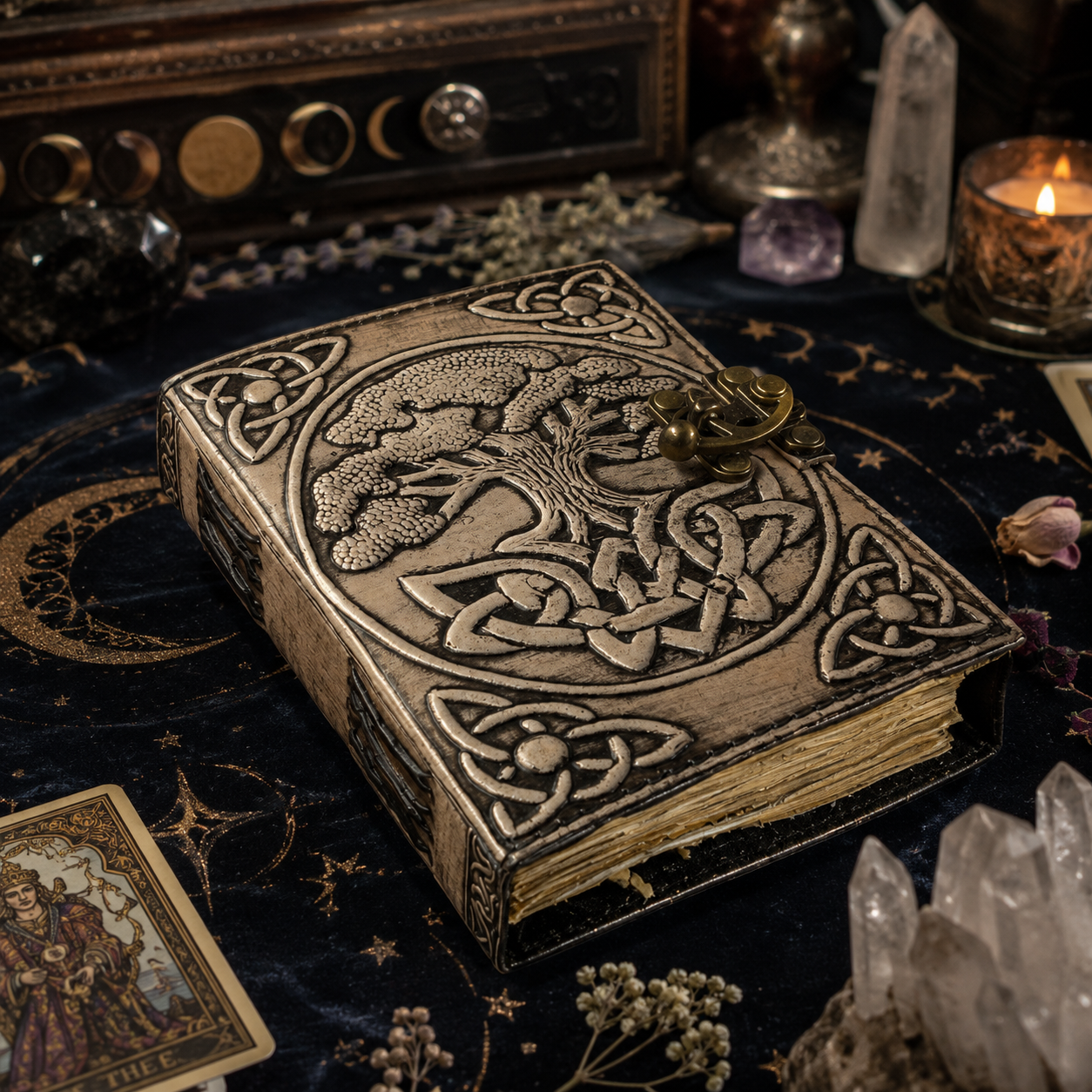 Tree of life leather journal with brass lock – handmade witch grimoire sketchbook, round design, view 2