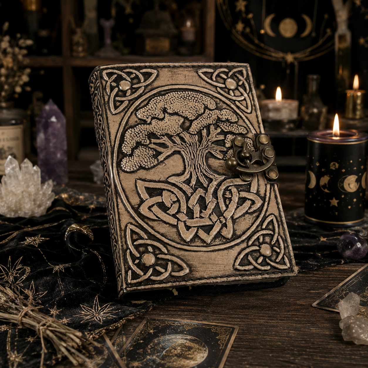 Tree of life leather journal with brass lock – handmade witch grimoire sketchbook, round design, view 3