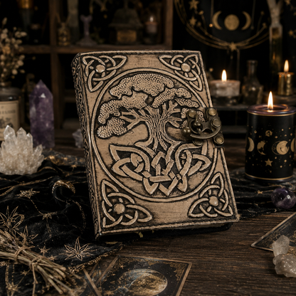Tree of life leather journal with brass lock – handmade witch grimoire sketchbook, round design, view 3