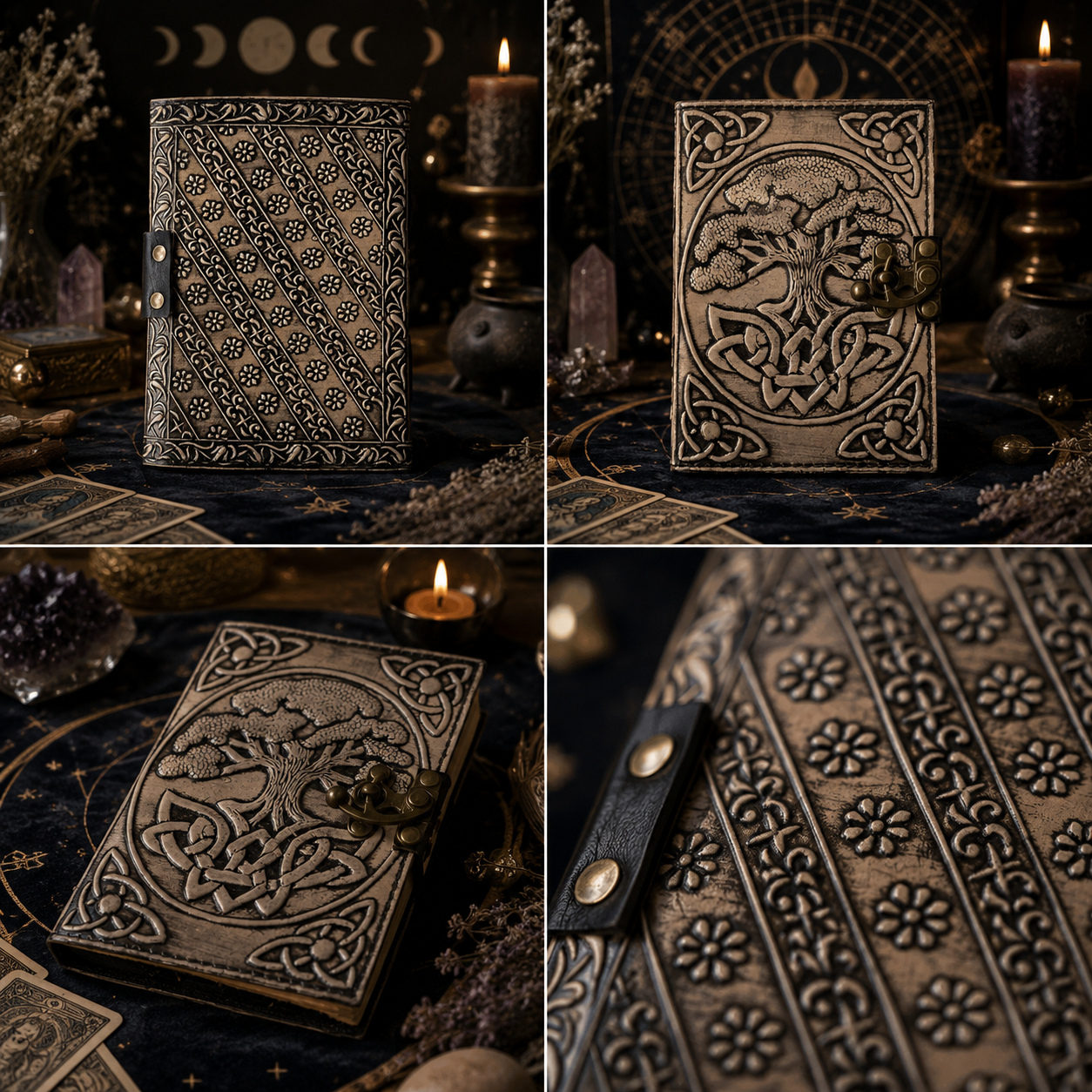 Tree of life leather journal with brass lock – handmade witch grimoire sketchbook, round design, view 4