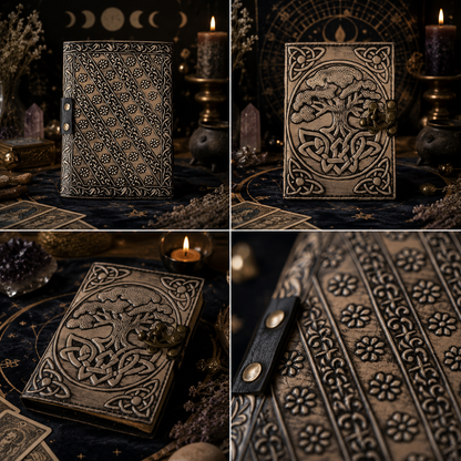 Tree of life leather journal with brass lock – handmade witch grimoire sketchbook, round design, view 4