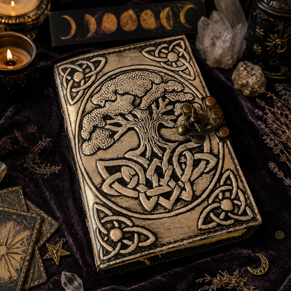 Tree of life leather journal with brass lock – handmade witch grimoire sketchbook, round design, view 1