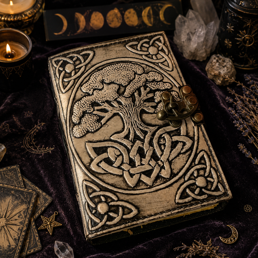 Tree of life leather journal with brass lock – handmade witch grimoire sketchbook, round design, view 1