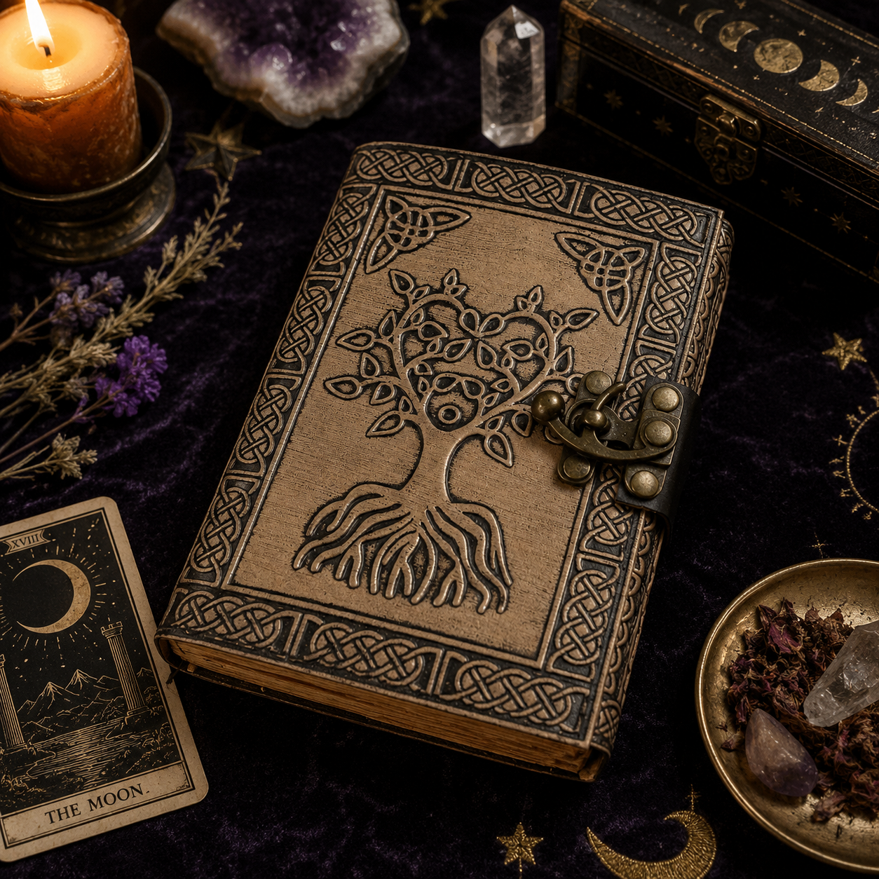 Tree of life leather journal with brass lock – vintage handmade Pagan grimoire, deckle pages, view 2