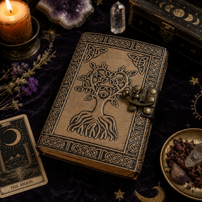 Tree of life leather journal with brass lock – vintage handmade Pagan grimoire, deckle pages, view 2
