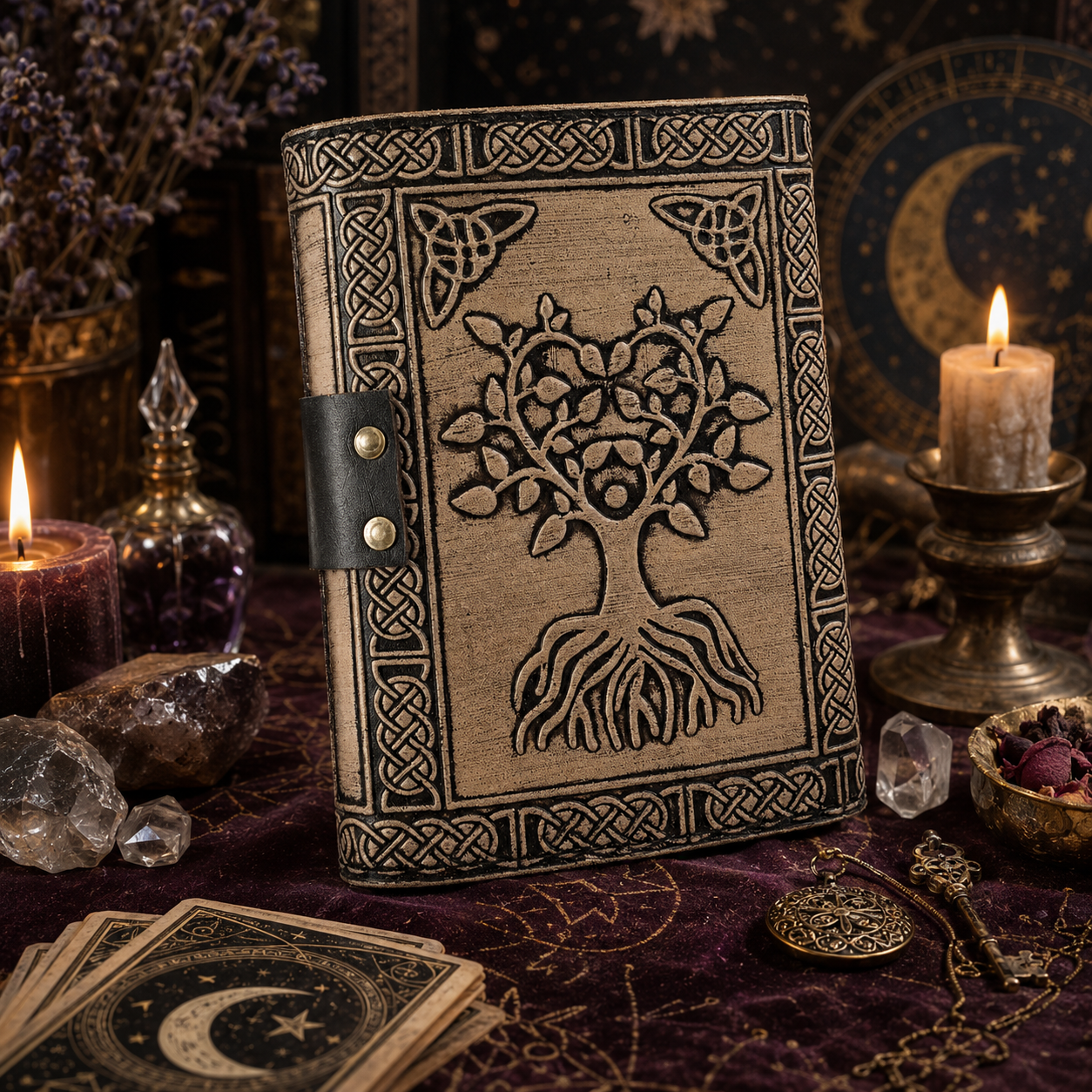 Tree of life leather journal with brass lock – vintage handmade Pagan grimoire, deckle pages, view 3