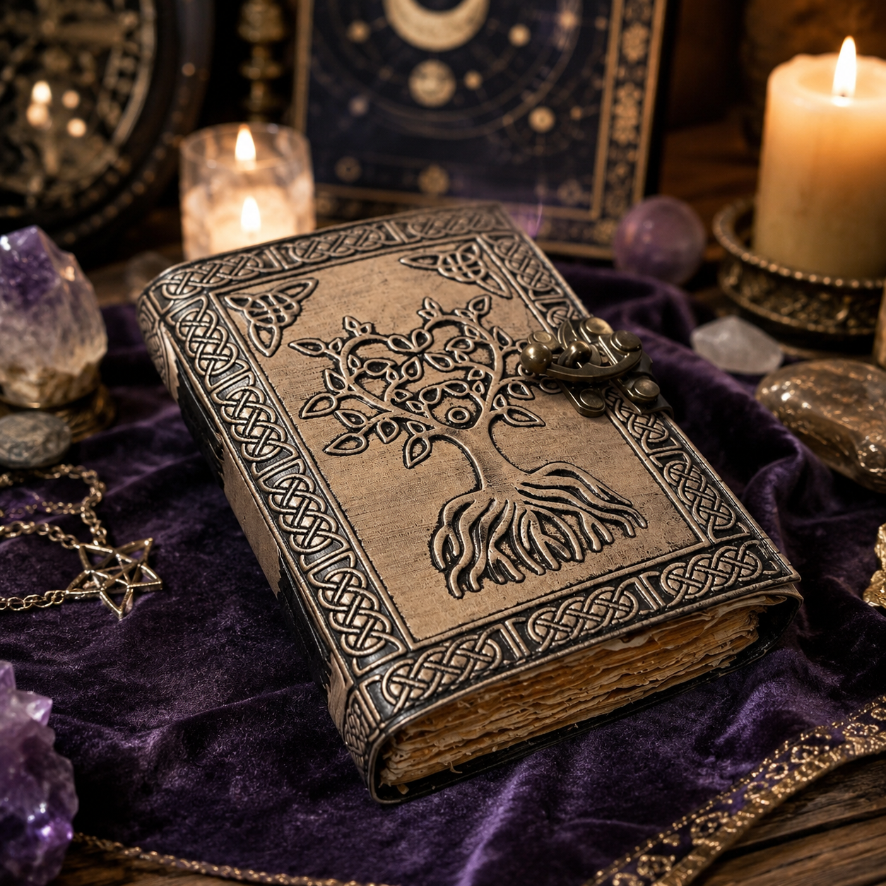 Tree of life leather journal with brass lock – vintage handmade Pagan grimoire, deckle pages, view 4
