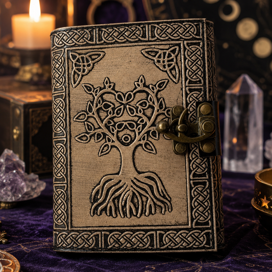 Tree of life leather journal with brass lock – vintage handmade Pagan grimoire, deckle pages, view 1