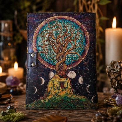 Tree of Life Moon Couple Printed Leather Journal – Witch Book of Shadows – leather journal, back cover view