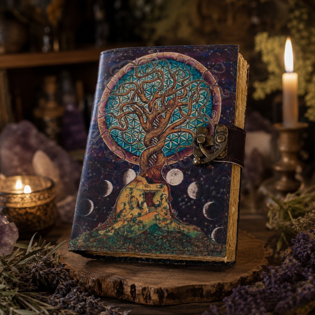 Tree of Life Moon Couple Printed Leather Journal – Witch Book of Shadows – leather journal, open blank pages view