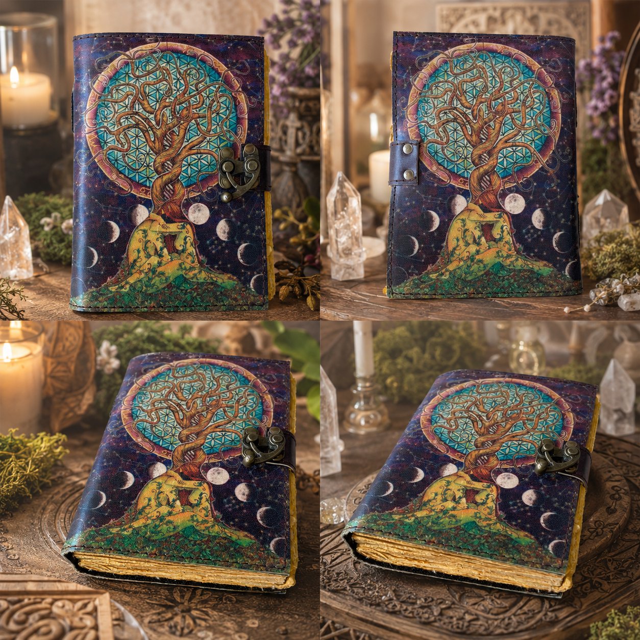 Tree of Life Moon Couple Printed Leather Journal – Witch Book of Shadows – leather journal, close-up cover detail