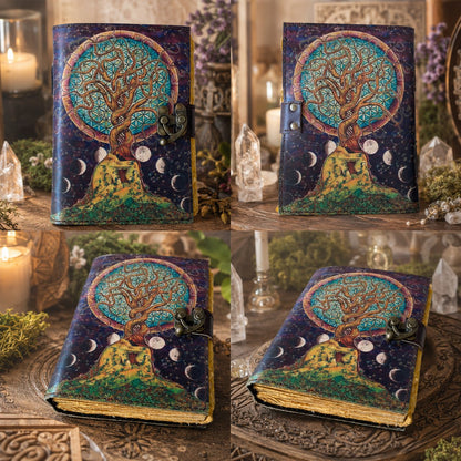 Tree of Life Moon Couple Printed Leather Journal – Witch Book of Shadows – leather journal, close-up cover detail