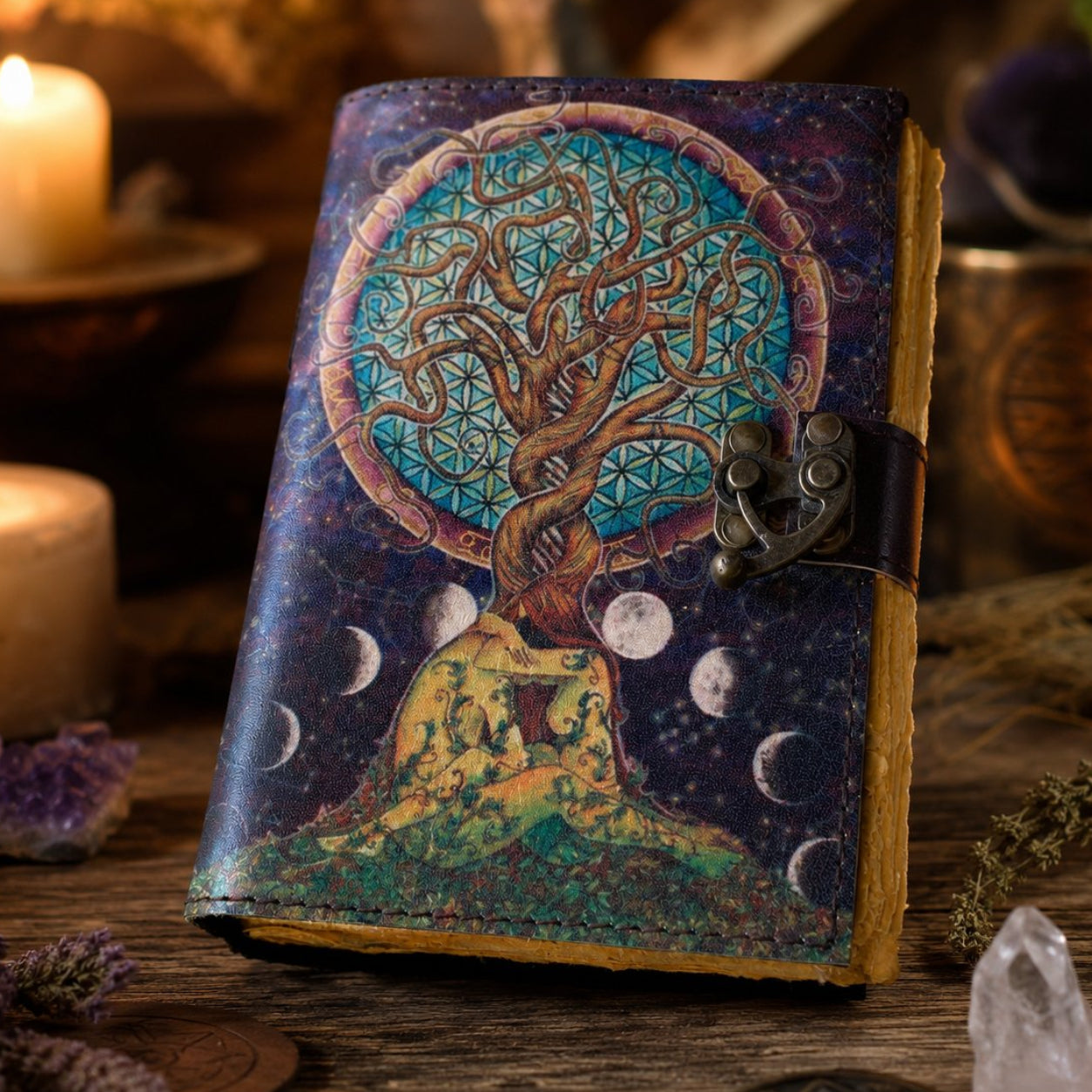 Tree of Life Moon Couple Printed Leather Journal – Witch Book of Shadows – leather journal, front cover view