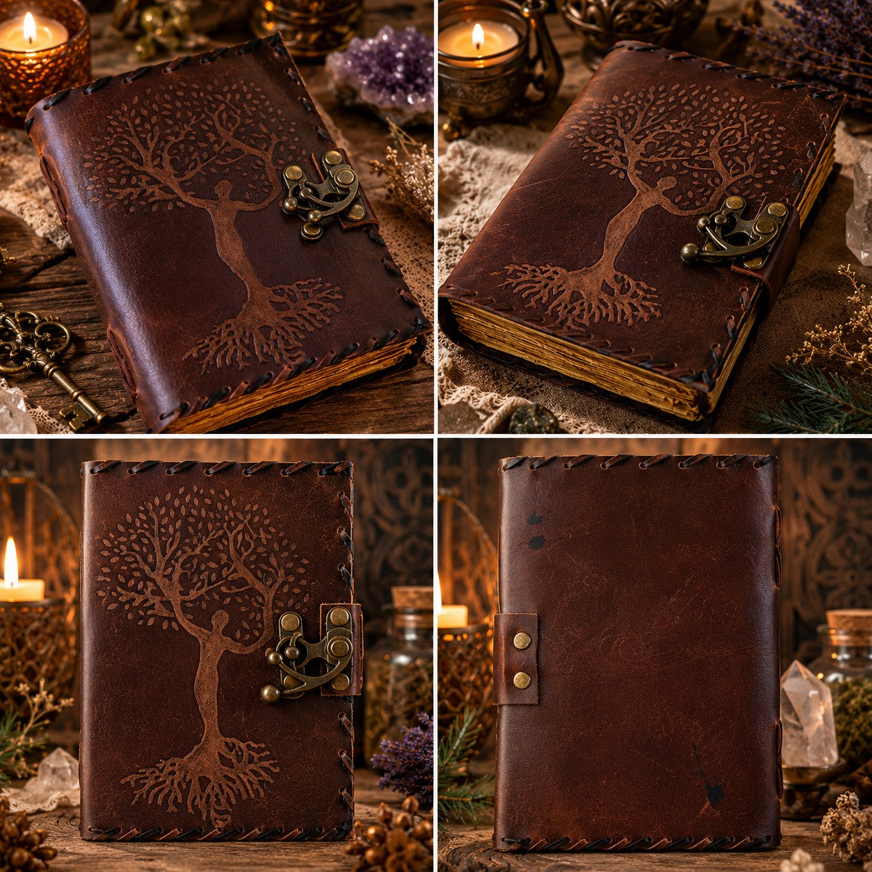 Tree of Life Mother Goddess Leather Journal – Vintage Pagan Grimoire Spell Book – leather journal, back cover view