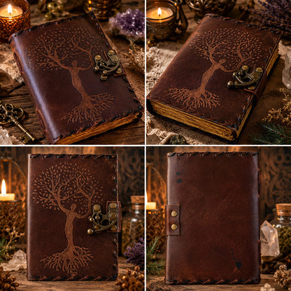 Tree of Life Mother Goddess Leather Journal – Vintage Pagan Grimoire Spell Book – leather journal, back cover view