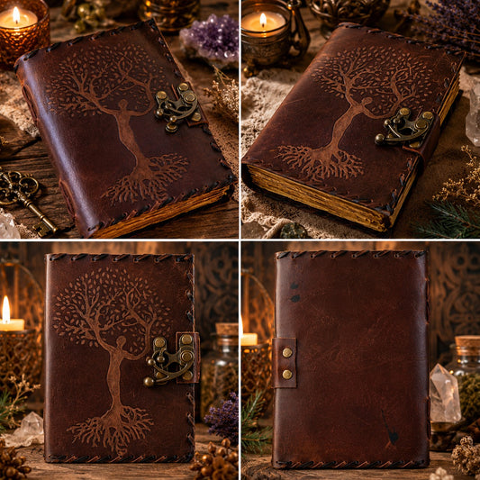 Tree of Life Mother Goddess Leather Journal – Vintage Pagan Grimoire Spell Book – leather journal, back cover view