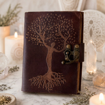 Tree of Life Mother Goddess Leather Journal – Vintage Pagan Grimoire Spell Book – leather journal, open blank pages view