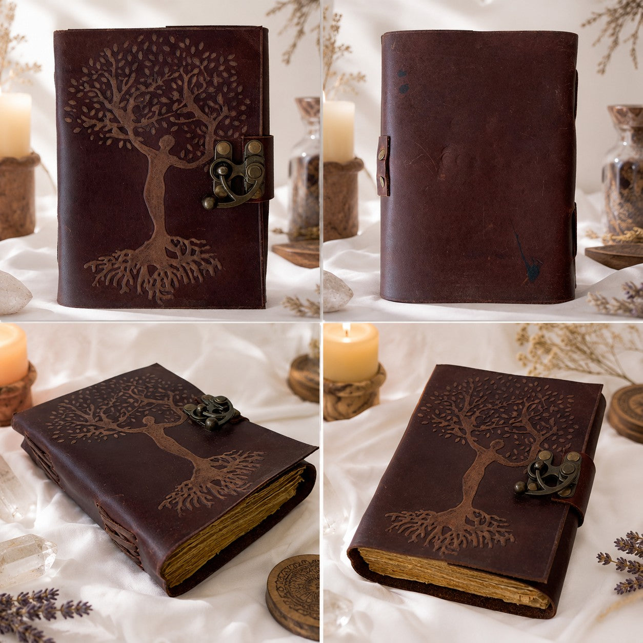 Tree of Life Mother Goddess Leather Journal – Vintage Pagan Grimoire Spell Book – leather journal, size and scale view