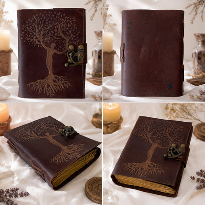 Tree of Life Mother Goddess Leather Journal – Vintage Pagan Grimoire Spell Book – leather journal, size and scale view