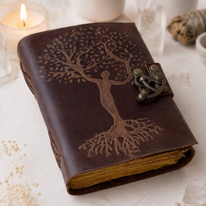 Tree of Life Mother Goddess Leather Journal – Vintage Pagan Grimoire Spell Book – leather journal, front cover view