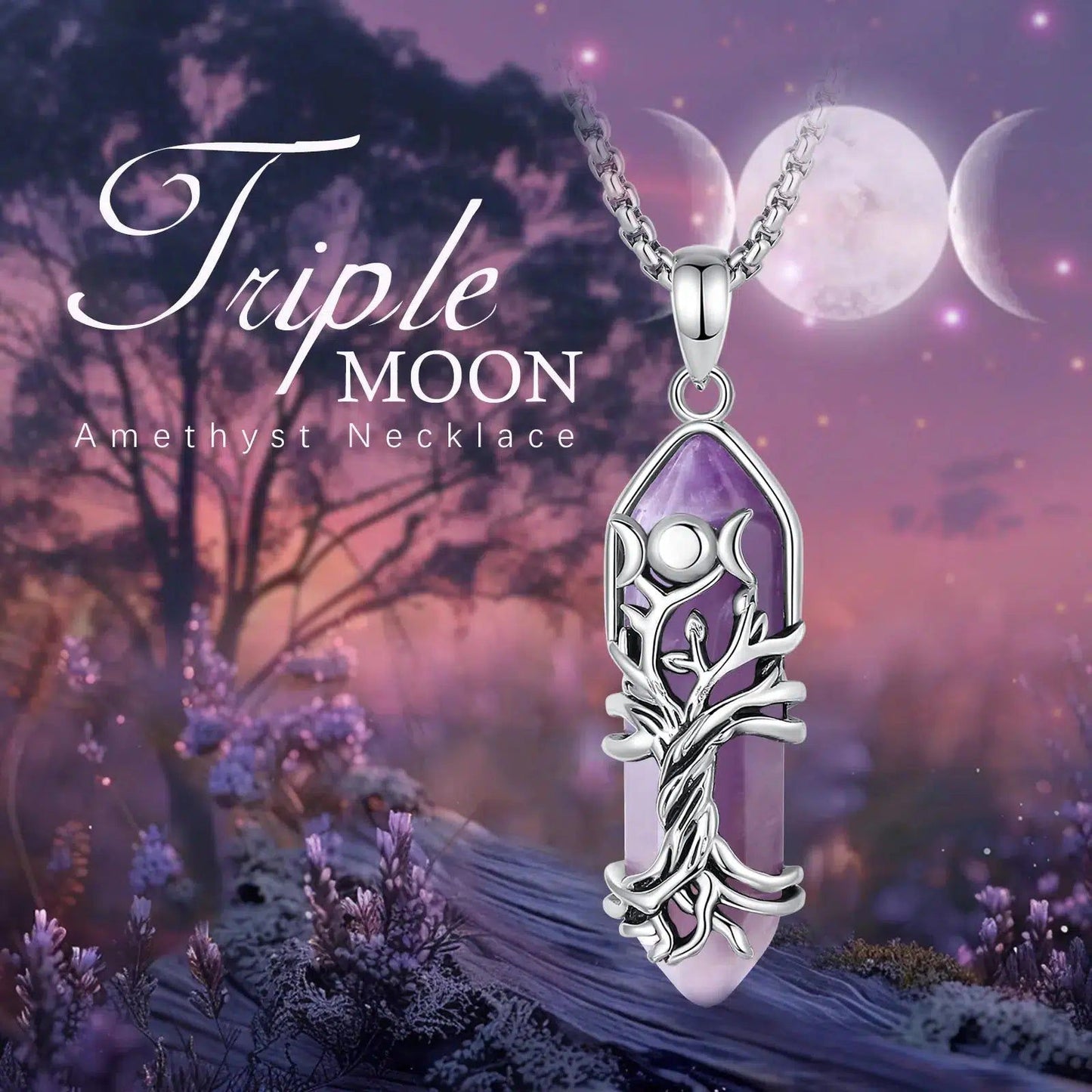 Stunning silver Tree of Life pendant with natural amethyst stone, Triple Moon Goddess design, and silver-plated copper.