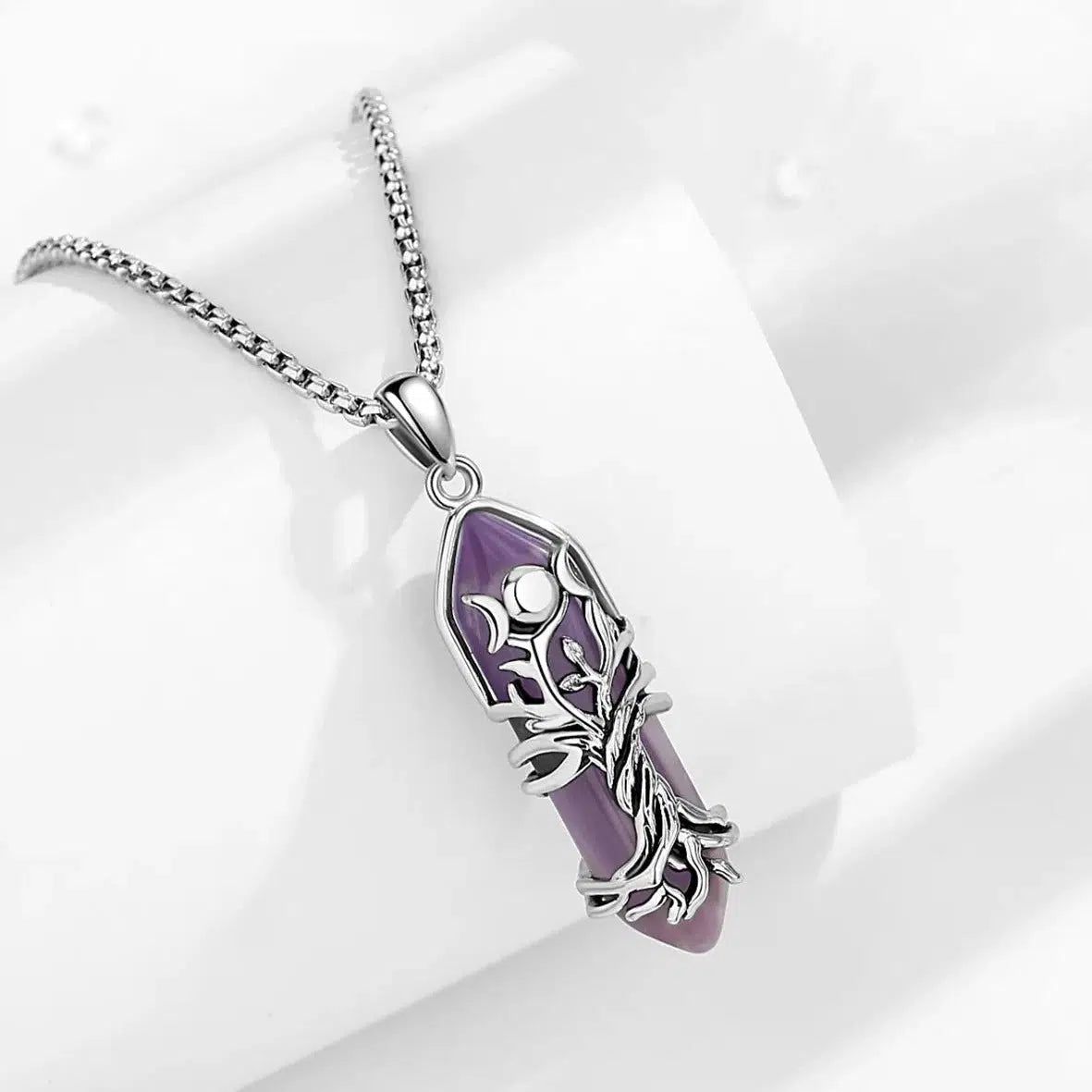 Tree of Life Natural Amethyst Necklace Pagan Triple Moon Jewelry-MoonChildWorld