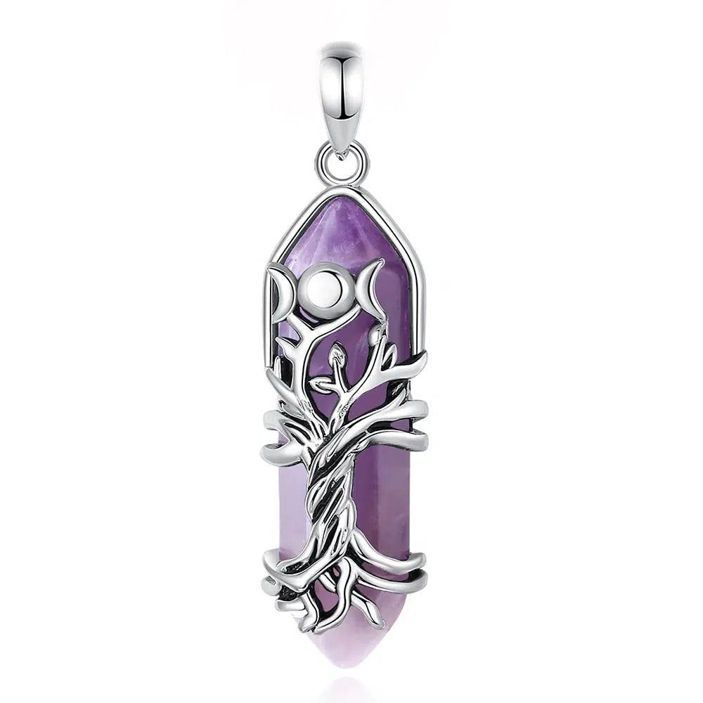 Stunning silver Tree of Life pendant with a natural amethyst crystal and Triple Moon Goddess design.