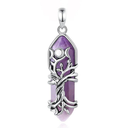 Stunning silver Tree of Life pendant with a natural amethyst crystal and Triple Moon Goddess design.