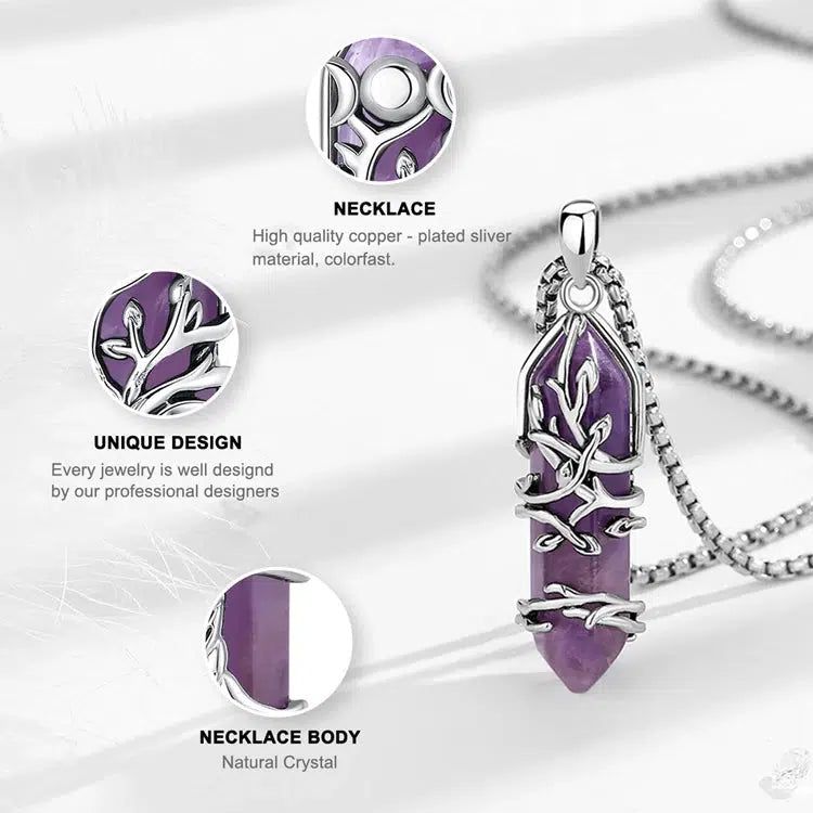 Natural Amethyst Tree of Life necklace, silver-plated copper, featuring a unique purple crystal pendant.