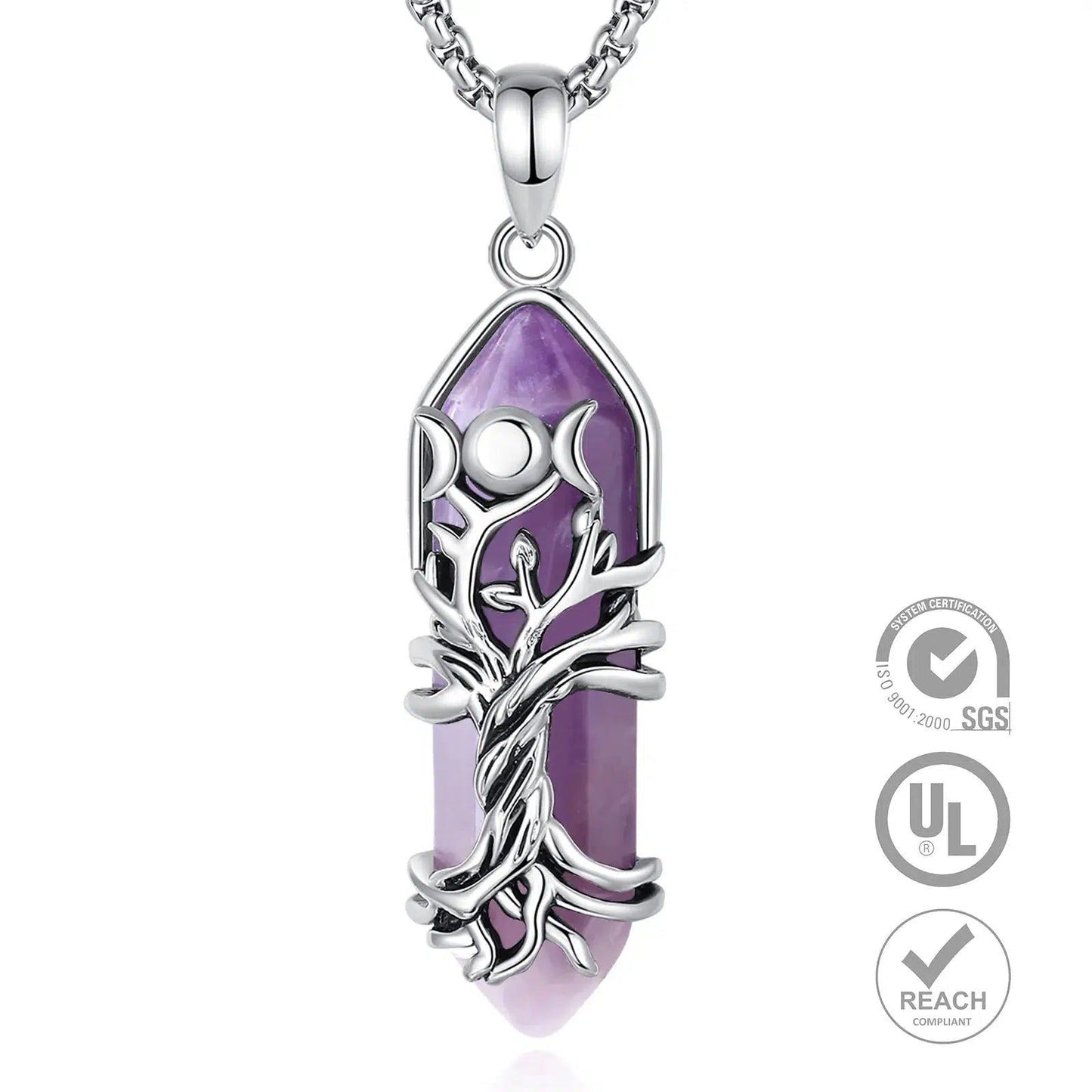 Stunning silver Tree of Life and Triple Moon Goddess pendant with a natural amethyst crystal.