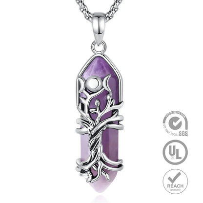 Stunning silver Tree of Life and Triple Moon Goddess pendant with a natural amethyst crystal.
