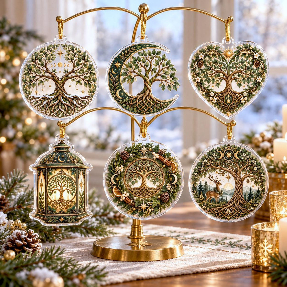 Tree of Life Pagan Acrylic Ornament Set – Yule Solstice Christmas Decor – set of 6, another view