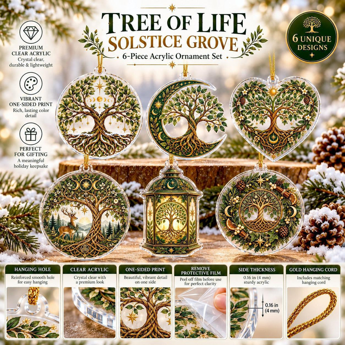 Tree of Life Pagan Acrylic Ornament Set – Yule Solstice Christmas Decor – ornament size and details