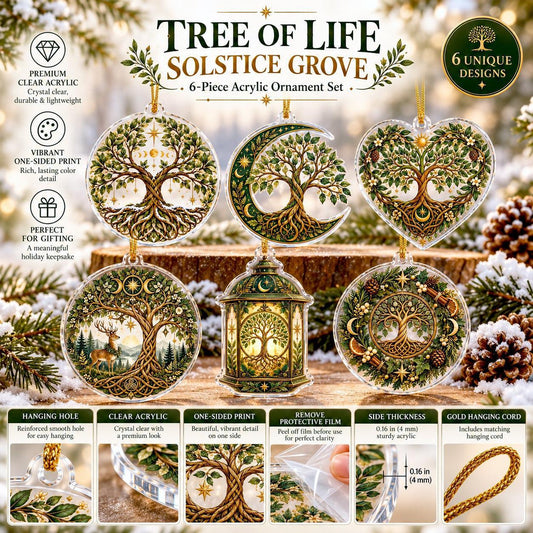 Tree of Life Pagan Acrylic Ornament Set – Yule Solstice Christmas Decor – ornament size and details