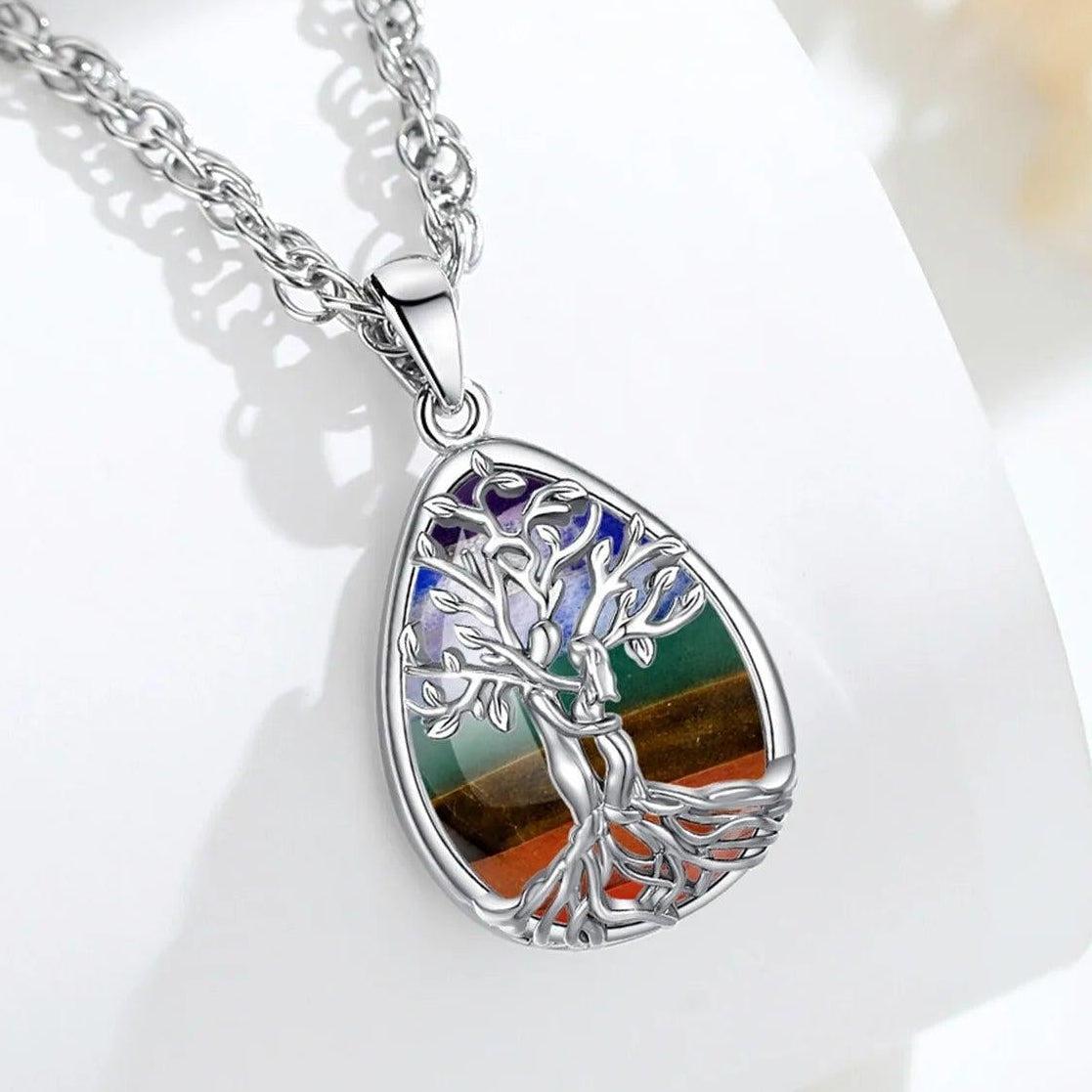 Tree of Life Pagan Necklace 7 Color Chakra Healing Stone Crystal Necklace Spiritual Jewelry-MoonChildWorld