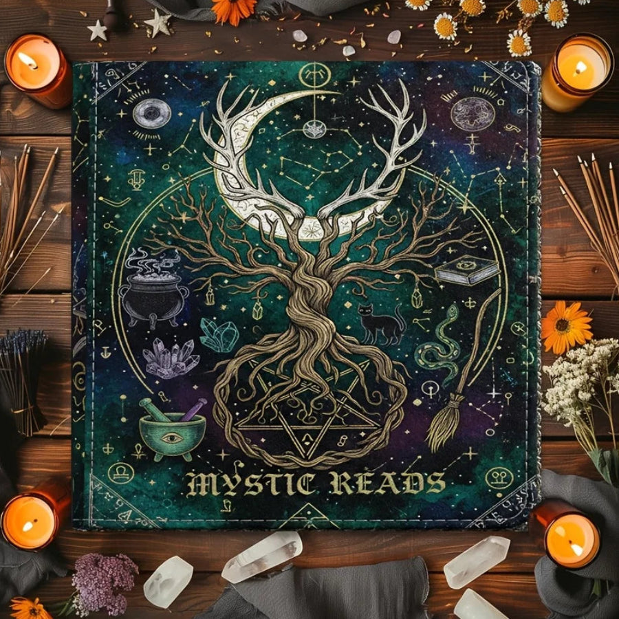 Tree of Life Pentagram Tarot Altar Cloth with Black Cat-MoonChildWorld