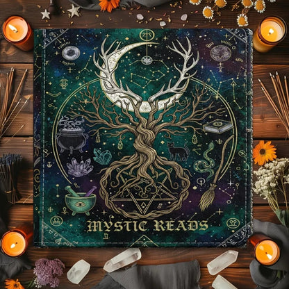 Tree of Life Pentagram Tarot Altar Cloth with Black Cat-MoonChildWorld