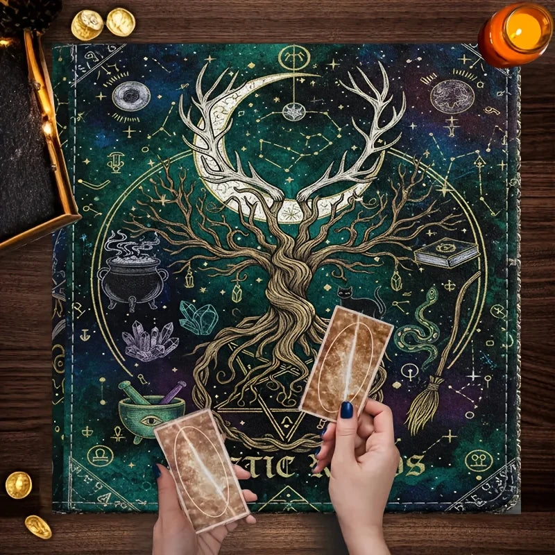 Tree of Life Pentagram Tarot Altar Cloth with Black Cat-MoonChildWorld