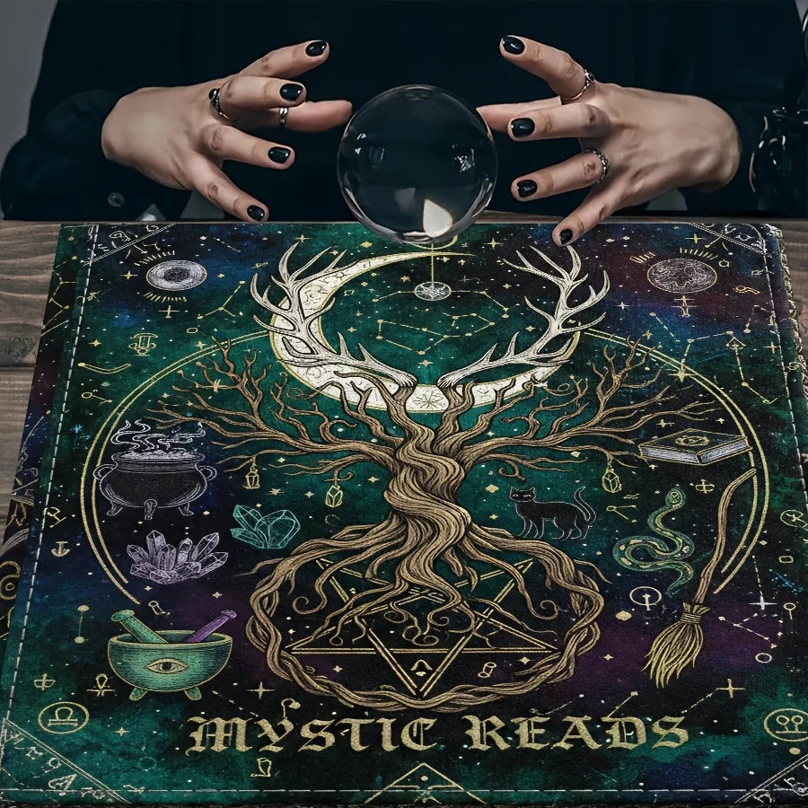 Tree of Life Pentagram Tarot Altar Cloth with Black Cat-MoonChildWorld