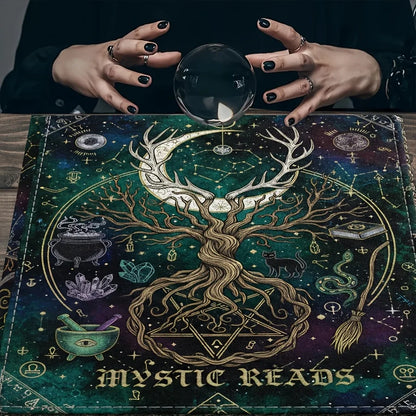 Tree of Life Pentagram Tarot Altar Cloth with Black Cat-MoonChildWorld