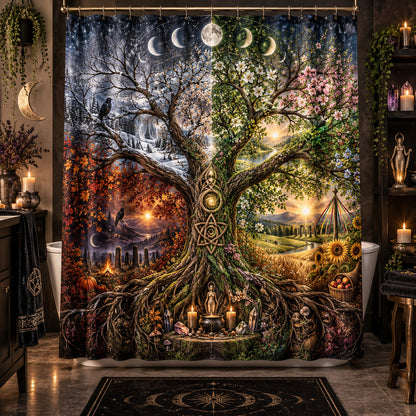 Tree of Life Shower Curtain - Four Seasons Pagan Wheel Decor