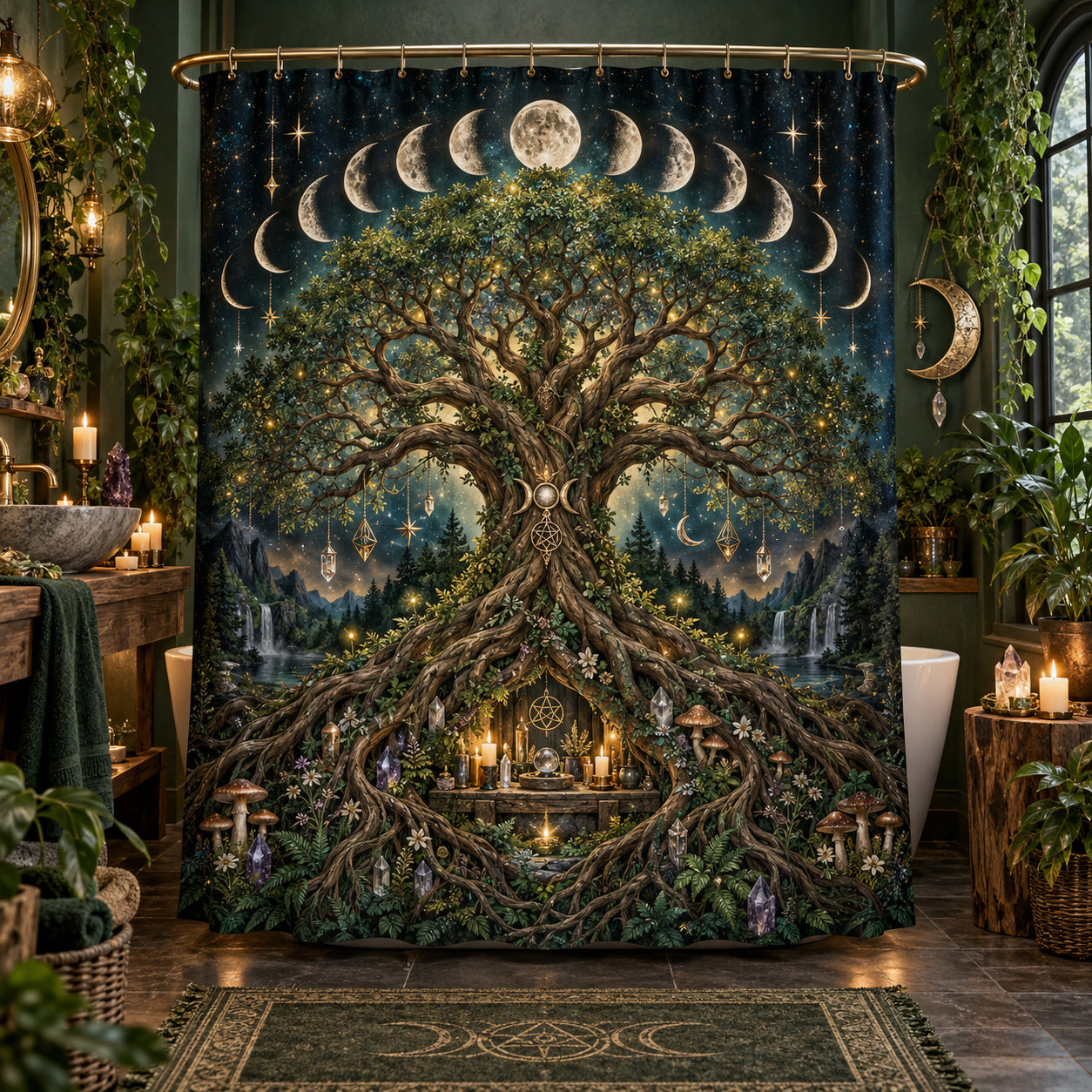 Tree of Life Shower Curtain - Moon Phase Pagan Witchy Decor