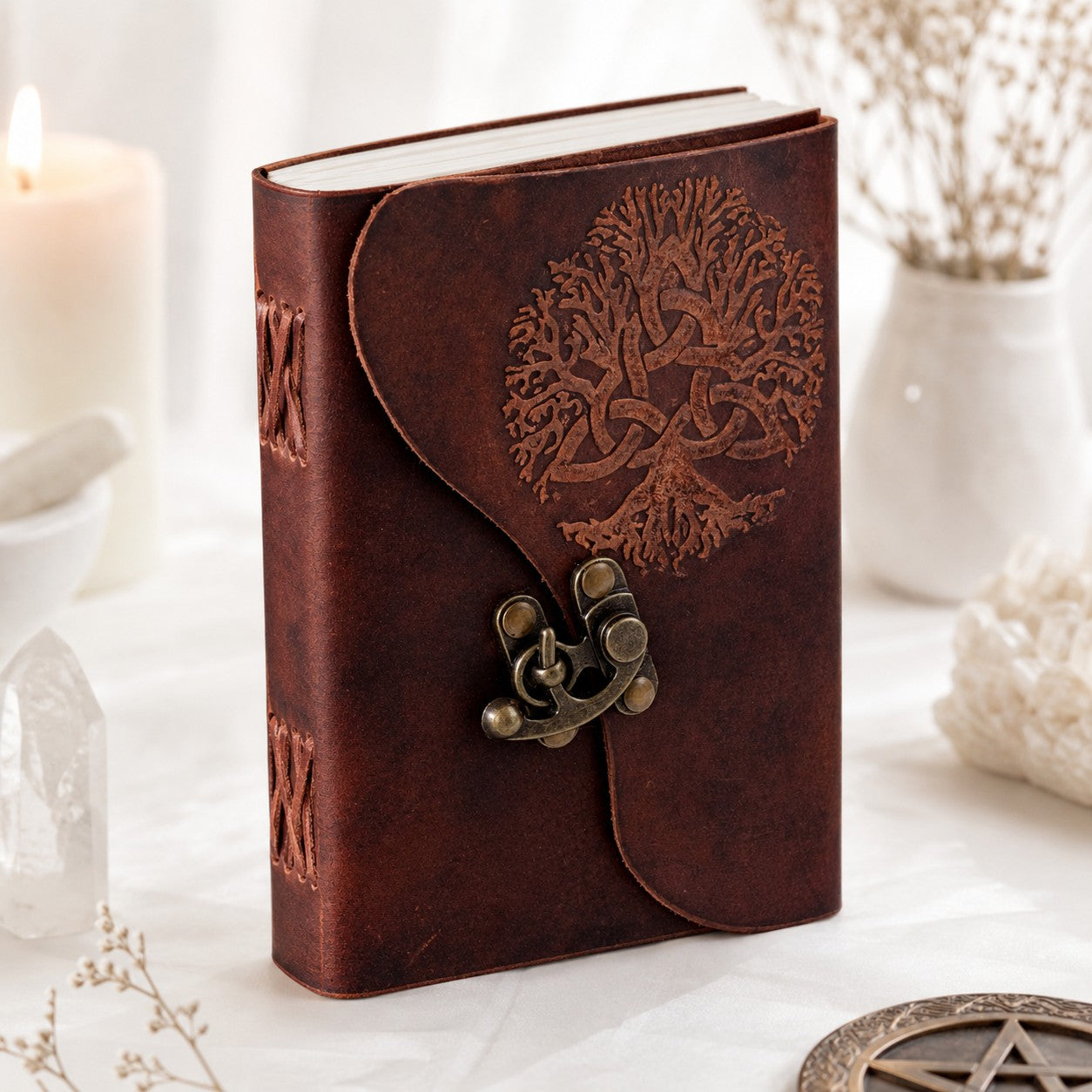 Tree of Life Soft Leather Journal – Handmade Pagan Grimoire Unlined Pages – leather journal, back cover view