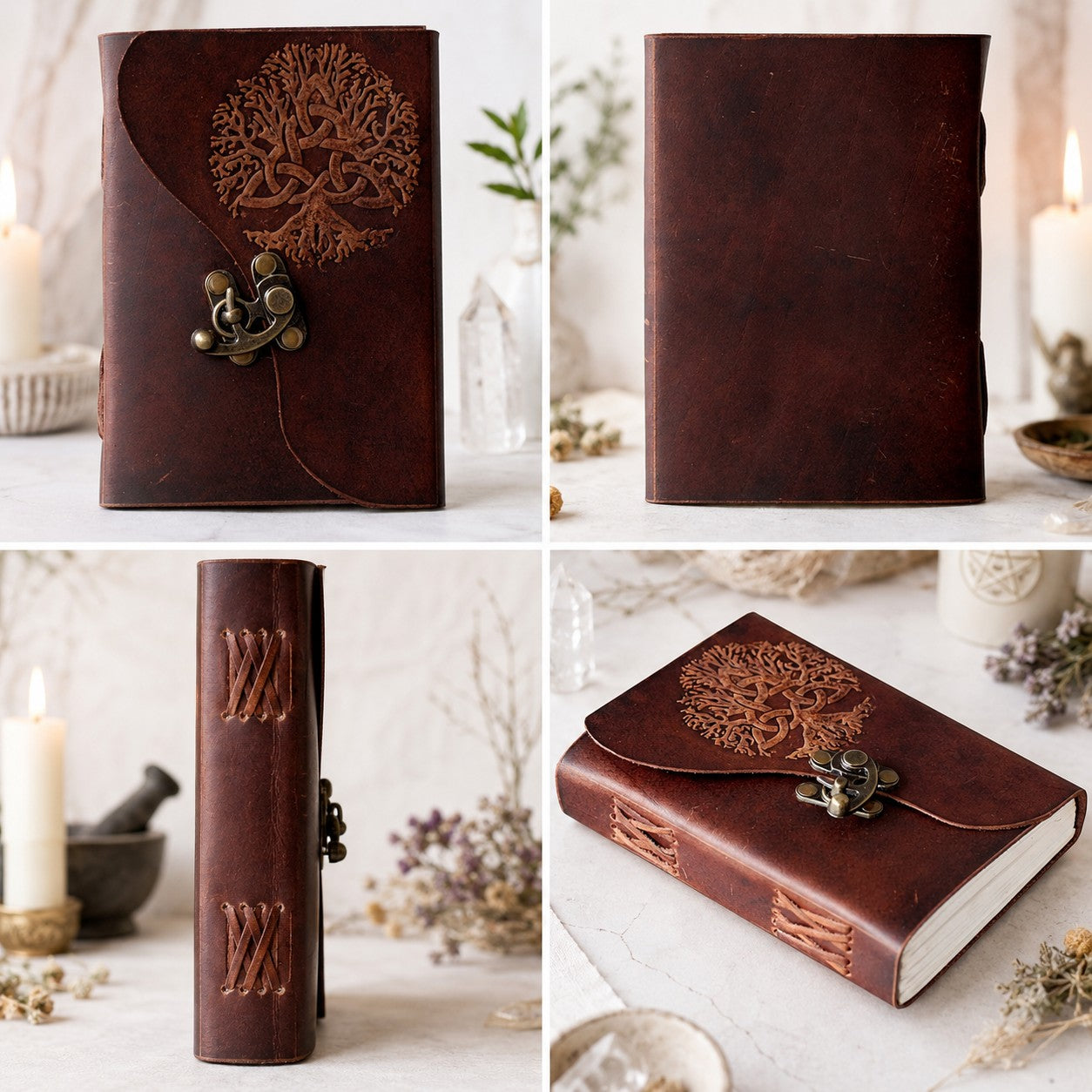 Tree of Life Soft Leather Journal – Handmade Pagan Grimoire Unlined Pages – leather journal, close-up cover detail