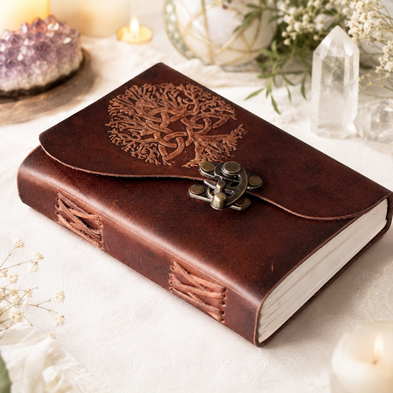 Tree of Life Soft Leather Journal – Handmade Pagan Grimoire Unlined Pages – leather journal, front cover view